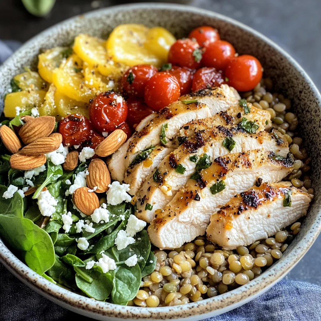 Farro, Lentil & Lemon Pepper Chicken Nourishing Bowls with a Fresh Basil Vinaigrette