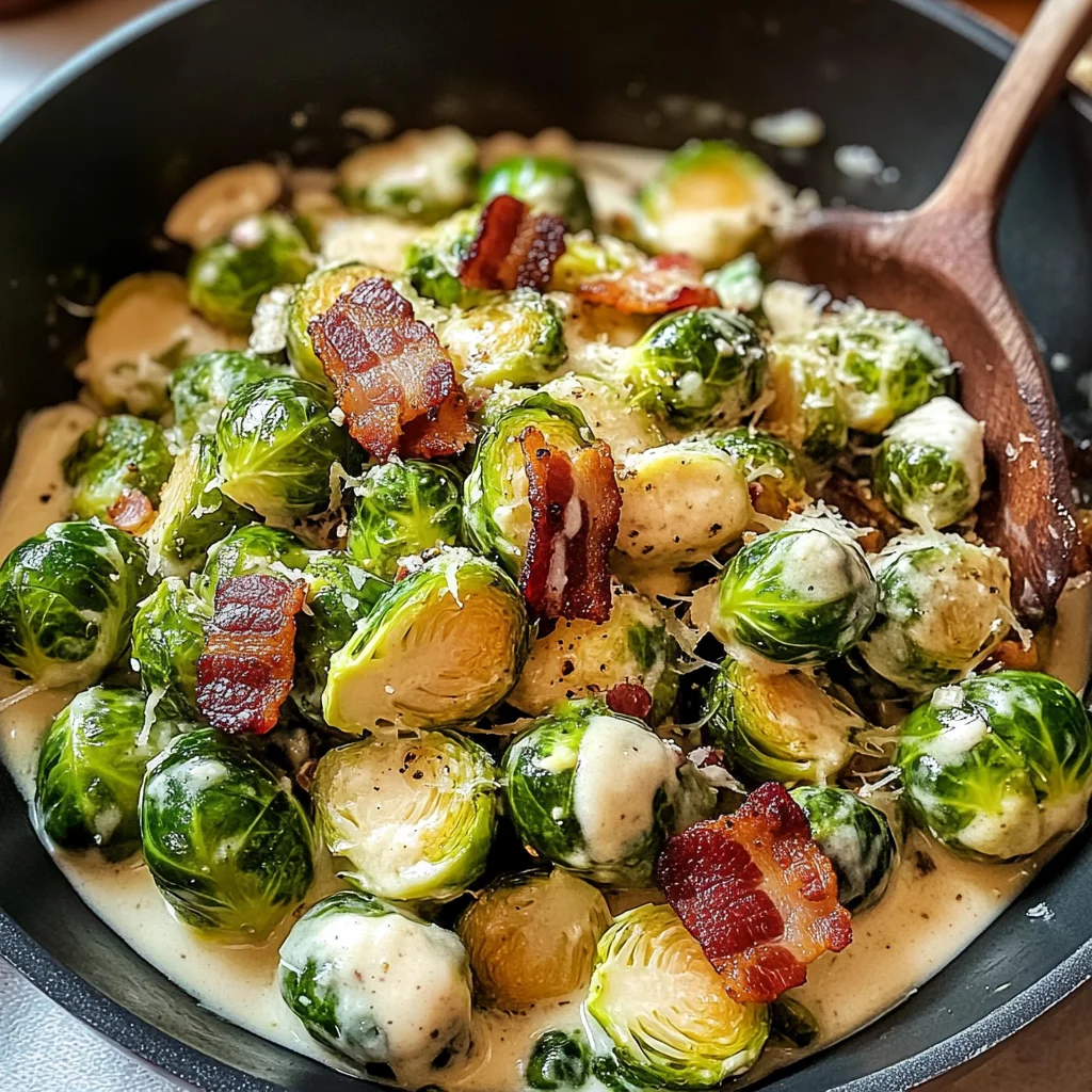 Sautéed Brussels Sprouts in Carbonara Sauce with Bacon Delight