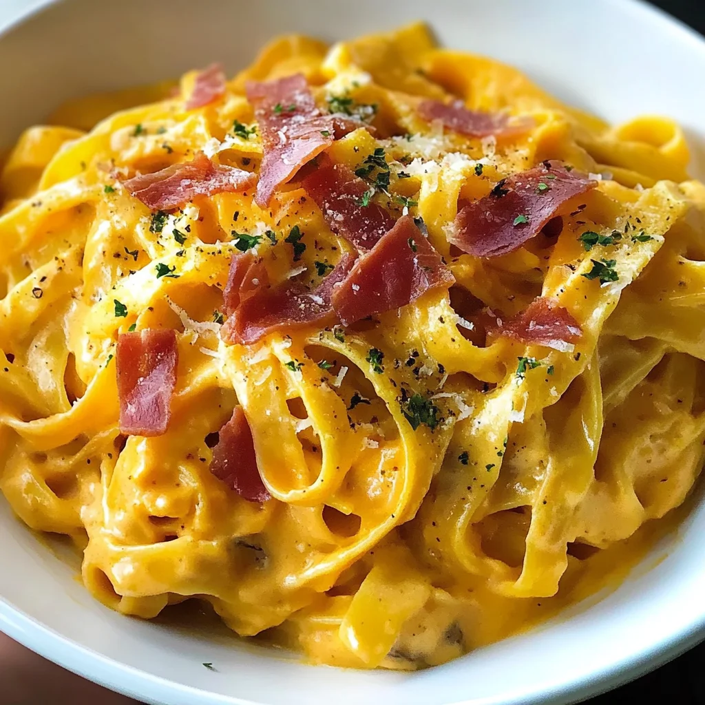 Creamy Pumpkin Alfredo Pasta with Crispy Prosciutto