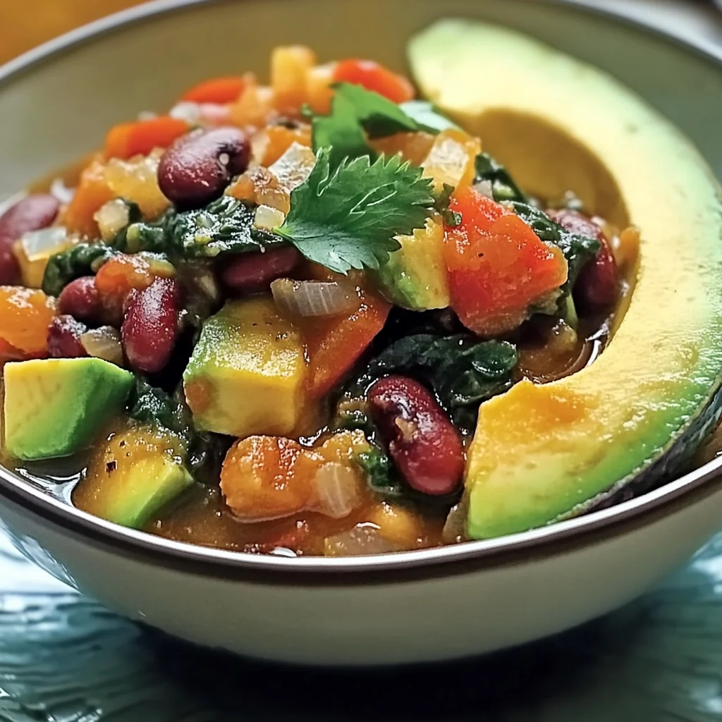 Delicious Warm Avocado & Vegetable Stew with Spinach and Beans