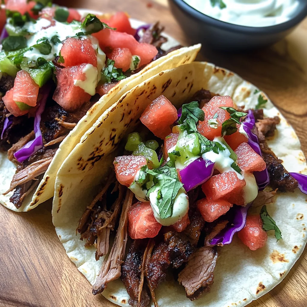 Crockpot Carne Asada Tacos with Watermelon Salsa and Minty Lime Crema