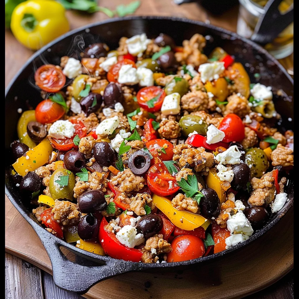 Mediterranean Keto Ground Chicken Skillet with Olives and Feta