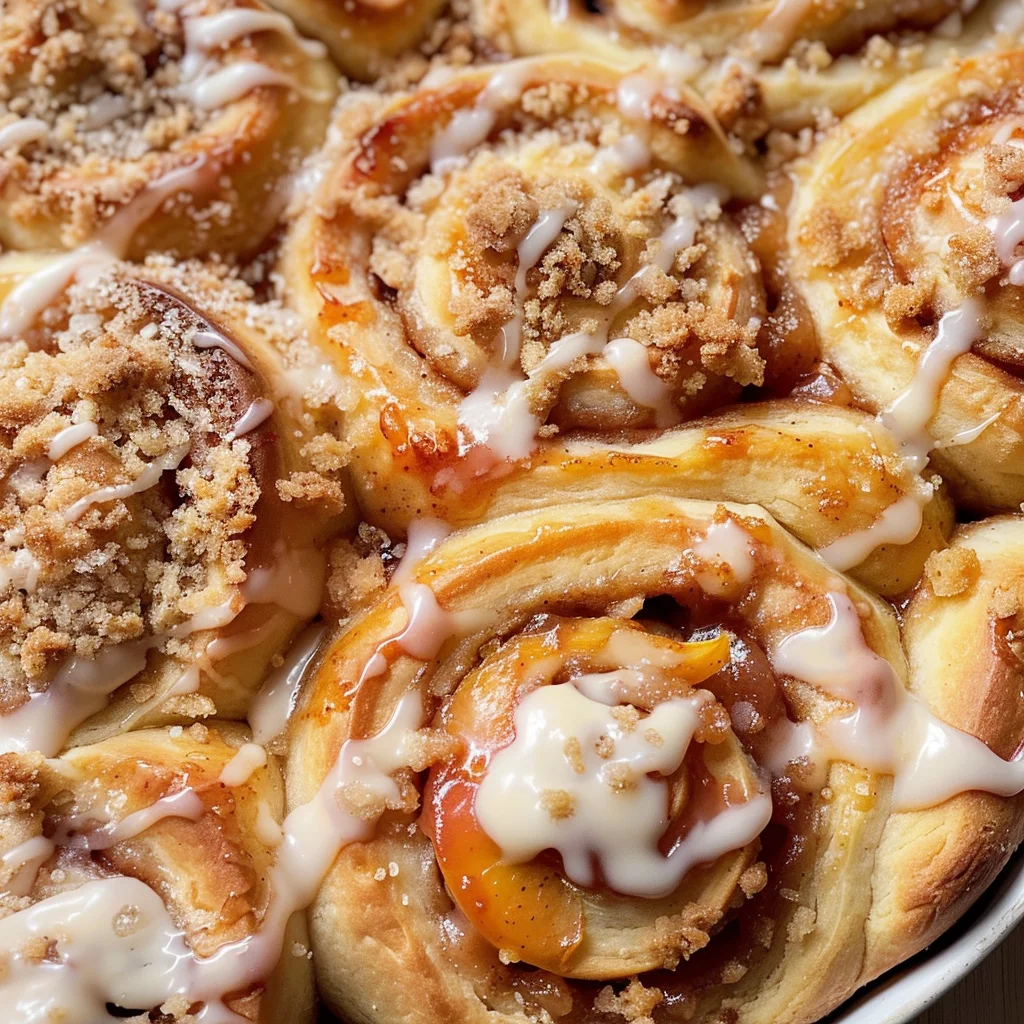 Peach Cobbler Cinnamon Rolls with Crumb Topping