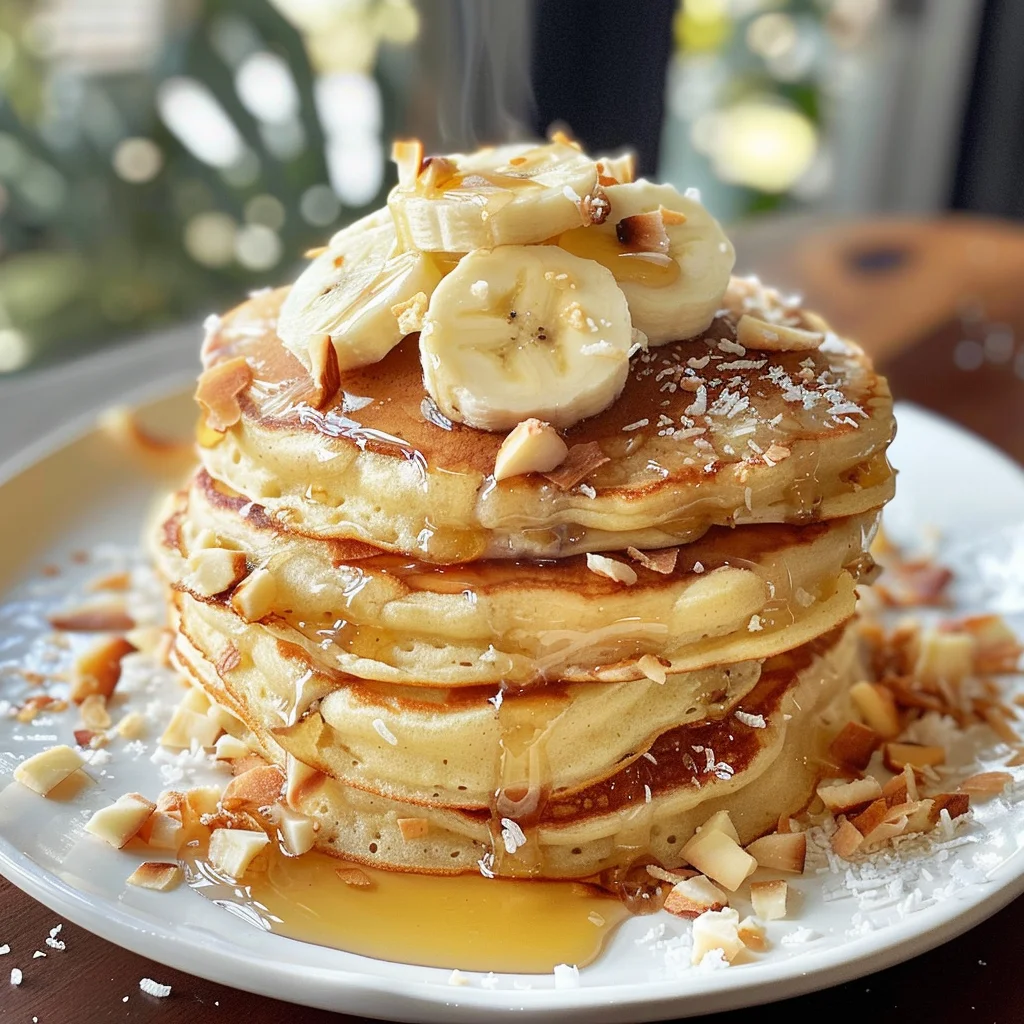 Toasted Coconut Macadamia Pancakes with Coconut Syrup