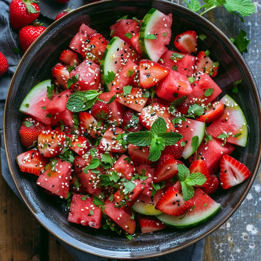 Watermelon Salad With Strawberries & Honey Lime Dressing