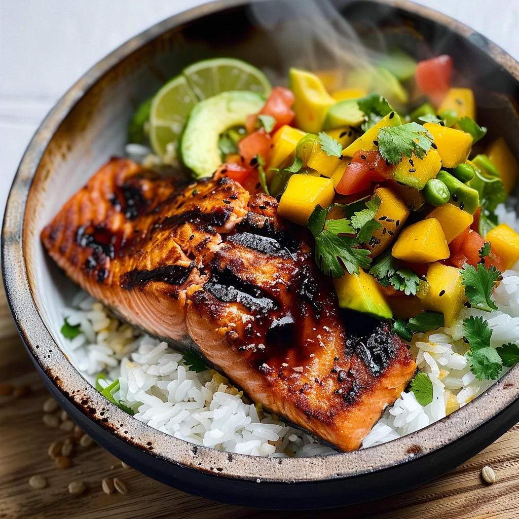 BBQ Salmon Bowls with Mango Avocado Salsa