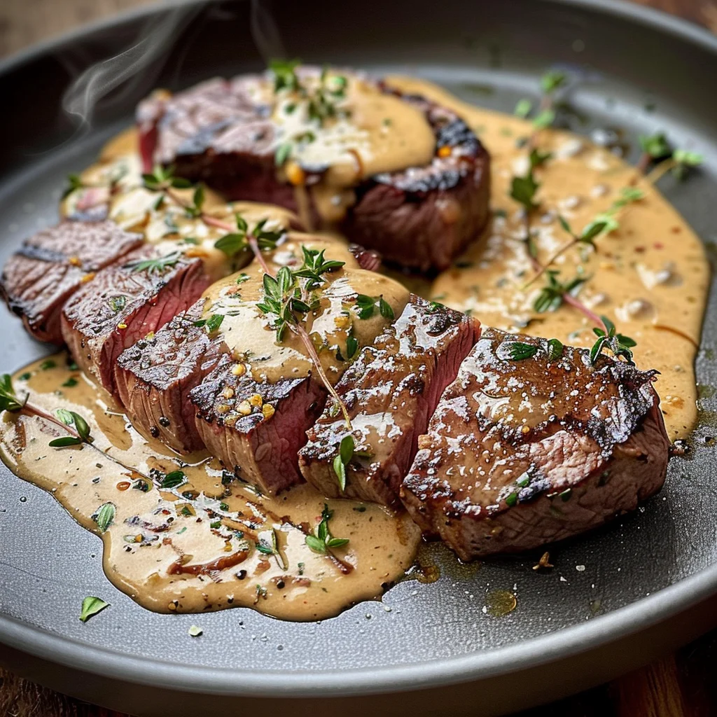 Cast Iron Bavette Steak with Whiskey Garlic Cream Sauce
