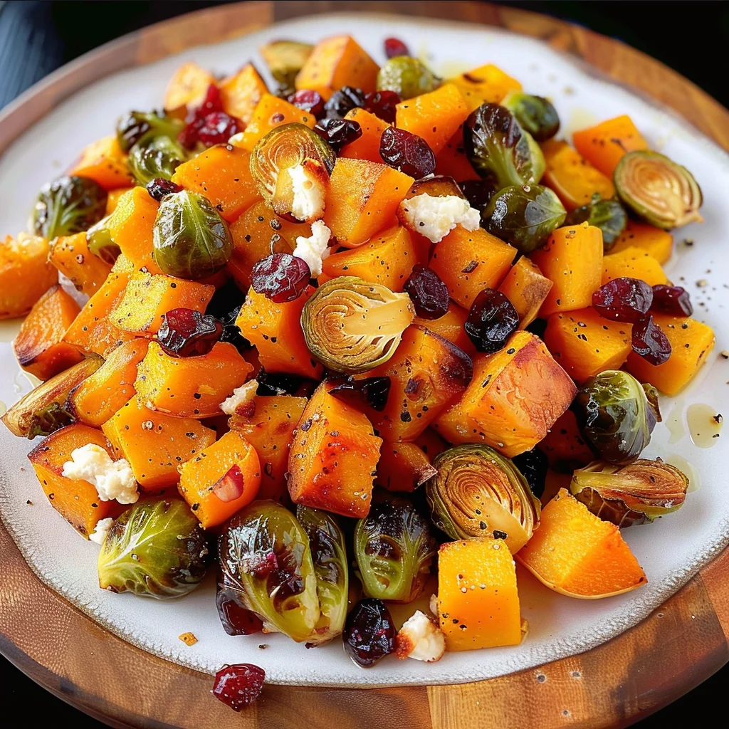 Cranberry-Glazed Roasted Butternut Squash, Brussels Sprouts, and Sweet Potato Salad