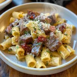 Garlic Butter Steak Tips with Cheesy Rigatoni