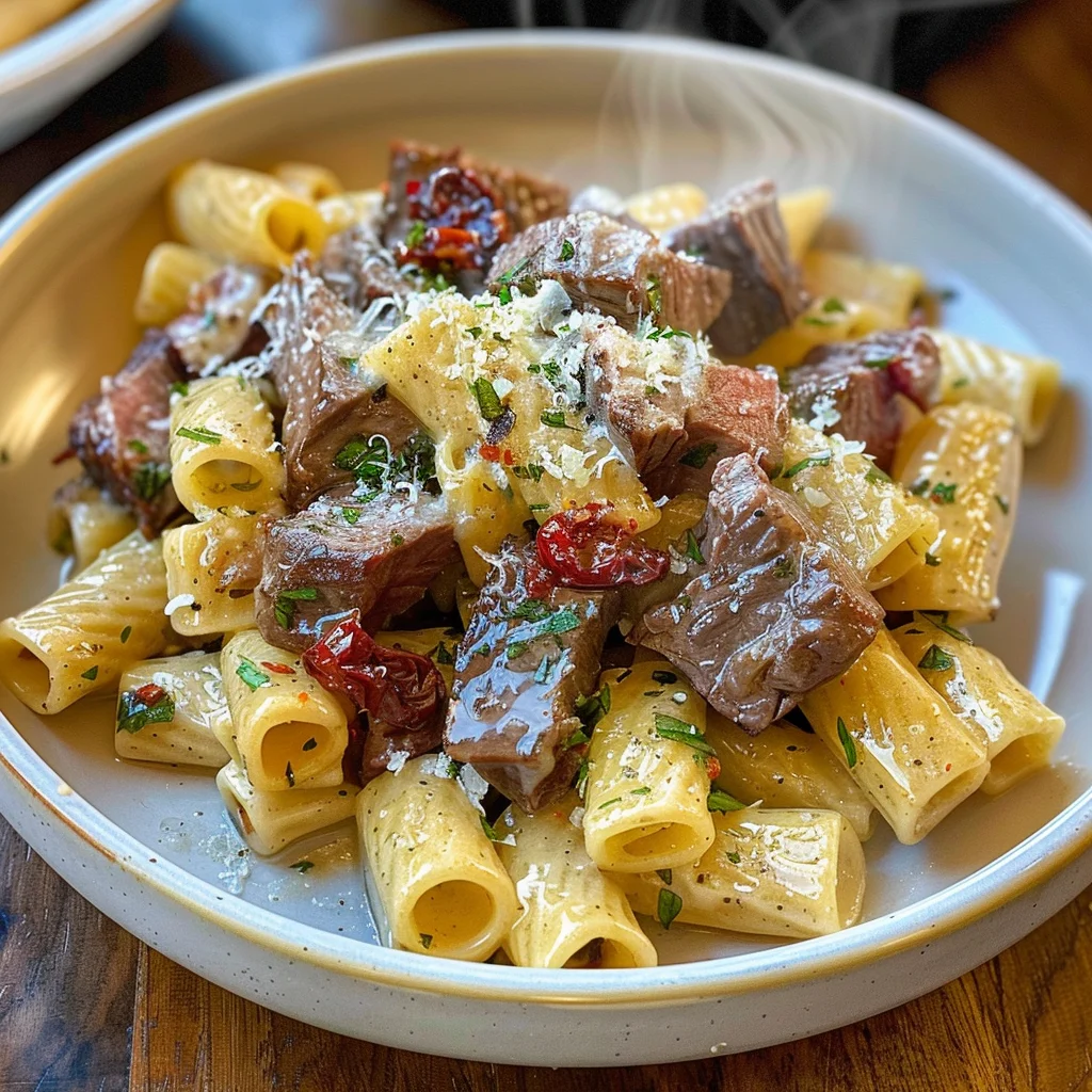 Garlic Butter Steak Tips with Cheesy Rigatoni