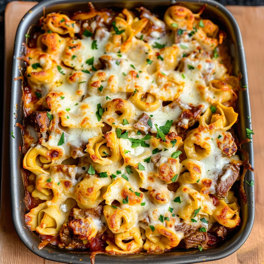 Golden Cheese Steak Tortellini Casserole