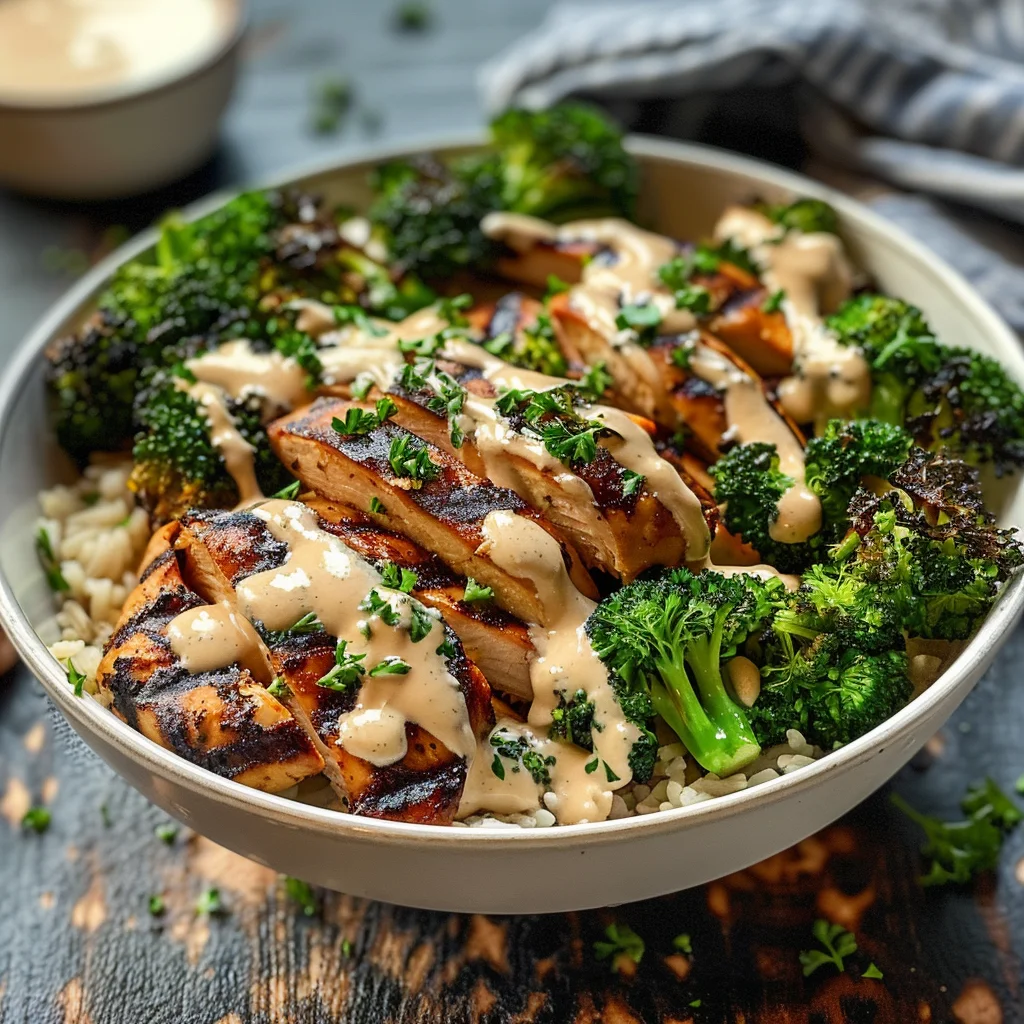 Grilled Chicken & Broccoli Bowls with Creamy Garlic Sauce
