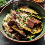 Grilled Steak Bowl with Creamy Sauce & Grilled Zucchini