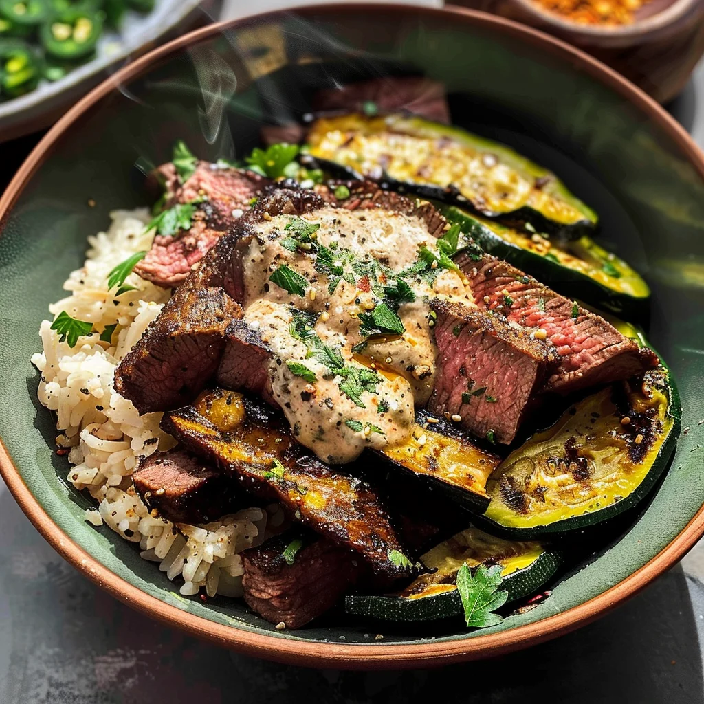 Grilled Steak Bowl with Creamy Sauce & Grilled Zucchini