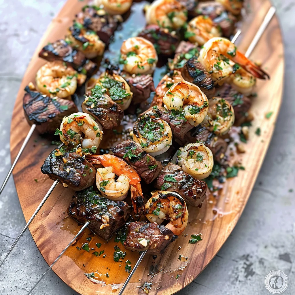 Grilled Steak and Shrimp Skewers with Garlic Butter