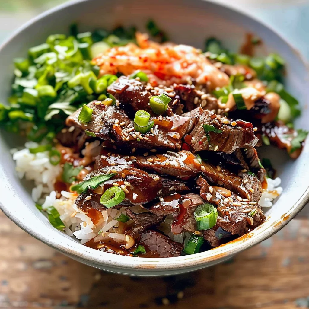 Korean BBQ Steak Rice Bowls with Spicy Cream Sauce