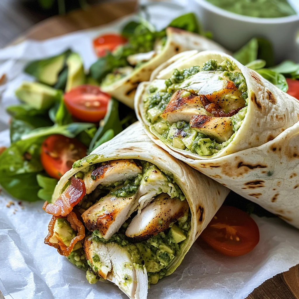 Pesto Chicken and Avocado Bacon Salad Wraps