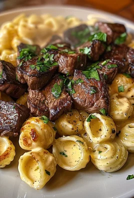 Steak Bites and Shell Pasta in Garlic Butter Alfredo Sauce