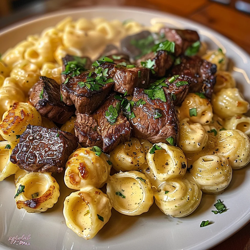 Steak Bites and Shell Pasta in Garlic Butter Alfredo Sauce