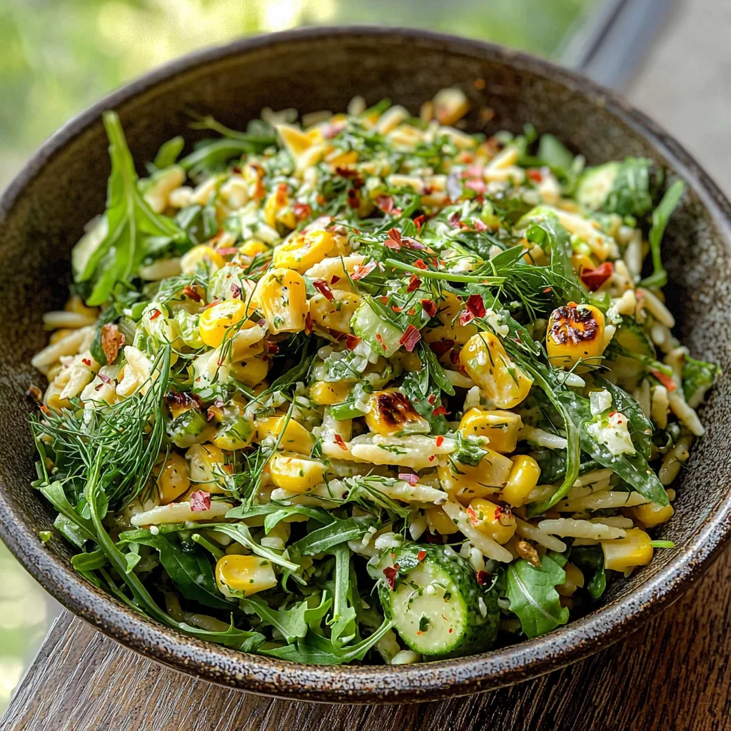 Grilled Corn Orzo Salad with Scallion Dill Dressing