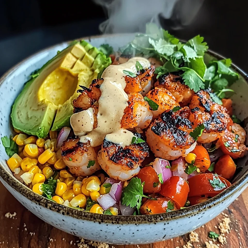 Grilled Shrimp Bowl with Avocado, Corn Salsa & Creamy Garlic Sauce: An Incredible 7-Ingredient Recipe