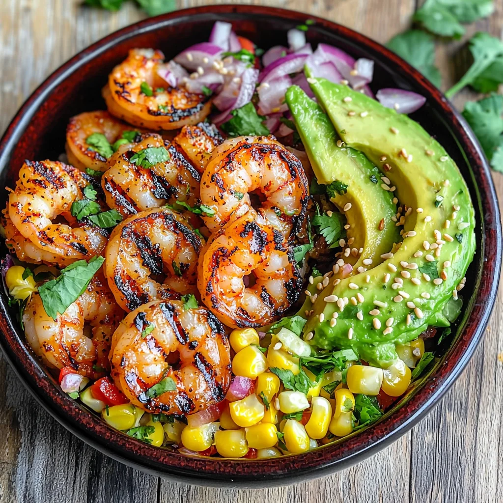 Grilled Shrimp Bowl with Avocado, Corn Salsa & Creamy Garlic Sauce
