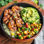 Grilled Shrimp Bowl with Avocado, Corn Salsa & Creamy Sauce